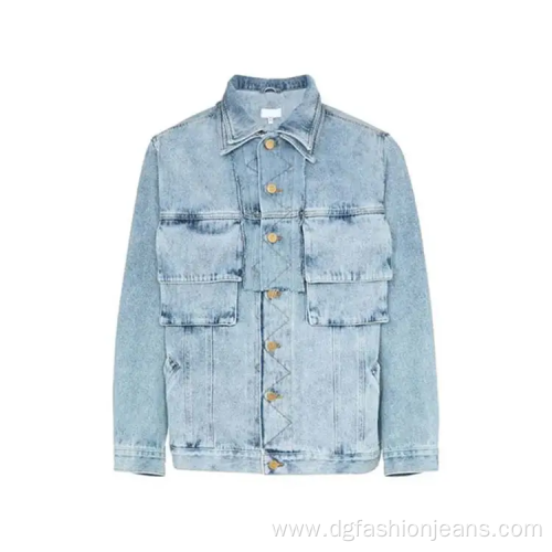 Custom Button Mens Light Blue Washed Denim Jacket